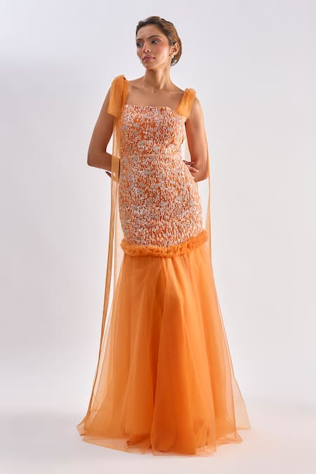 Emblaze_Orange Tulle Beads Square Neck Smocked Gown _Online_at_Aza_Fashions