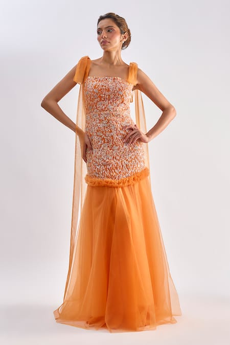 Emblaze Beaded Smocked Tulle Gown 