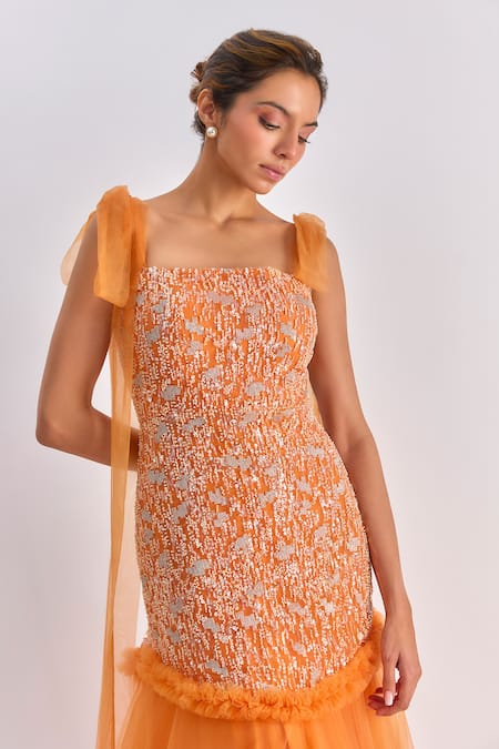 Buy_Emblaze_Orange Tulle Beads Square Neck Smocked Gown _Online_at_Aza_Fashions