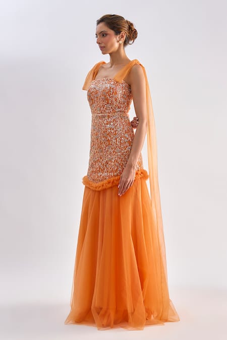 Shop_Emblaze_Orange Tulle Beads Square Neck Smocked Gown _Online_at_Aza_Fashions