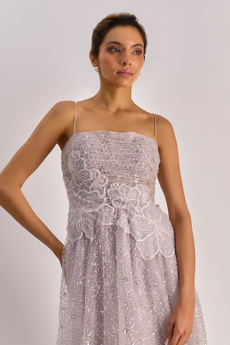 Emblaze_Lilac Tulle Beads, Applique Bandeau Neck Beaded Ruched Floral Midi Dress _Online_at_Aza_Fashions
