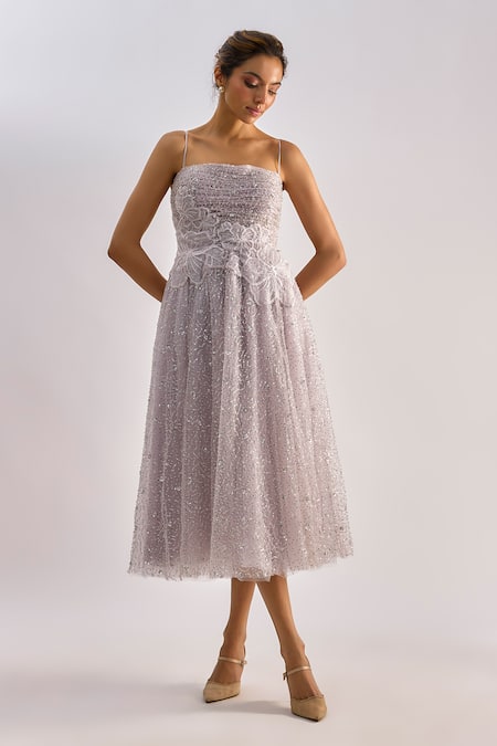 Emblaze Beaded Ruched Floral Midi Dress 