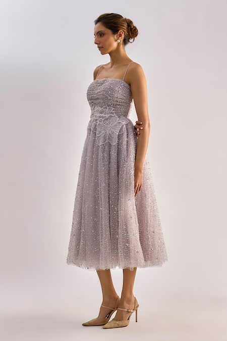 Buy_Emblaze_Lilac Tulle Beads, Applique Bandeau Neck Beaded Ruched Floral Midi Dress _Online_at_Aza_Fashions