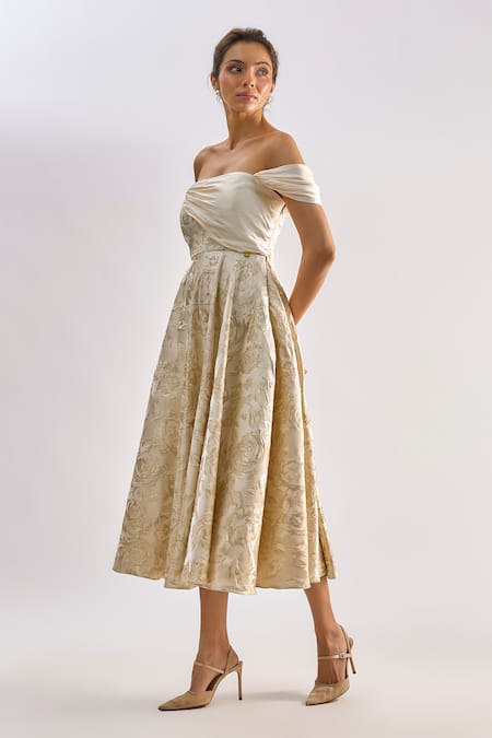 Emblaze_Beige Jacquard Off-shoulder Floral Midi Dress _Online_at_Aza_Fashions