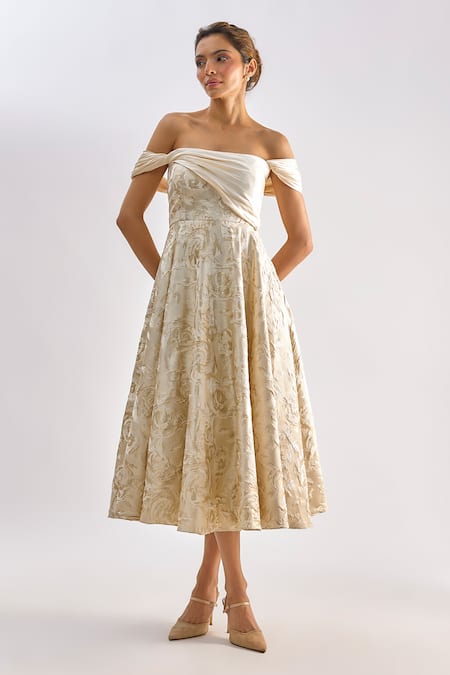 Buy_Emblaze_Beige Jacquard Off-shoulder Floral Midi Dress _Online_at_Aza_Fashions