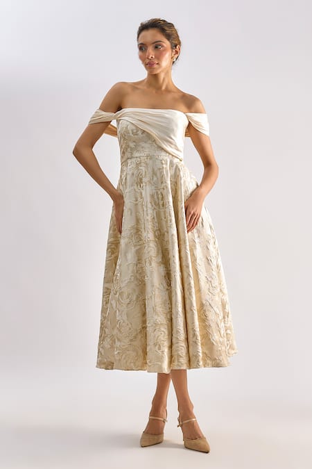 Emblaze Jacquard Floral Off-Shoulder Midi Dress 