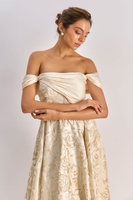 Shop_Emblaze_Beige Jacquard Off-shoulder Floral Midi Dress _Online_at_Aza_Fashions