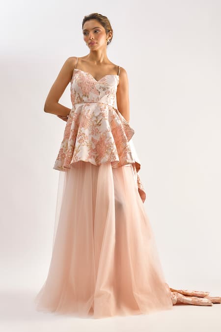 Emblaze_Pink Jacquard, Tulle Embroidery Sweetheart Neck Peplum Gown _Online_at_Aza_Fashions