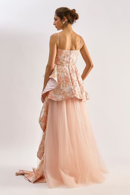 Buy_Emblaze_Pink Jacquard, Tulle Embroidery Sweetheart Neck Peplum Gown _Online_at_Aza_Fashions