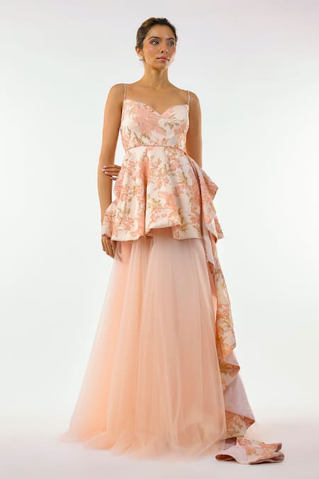 Shop_Emblaze_Pink Jacquard, Tulle Embroidery Sweetheart Neck Peplum Gown _Online_at_Aza_Fashions