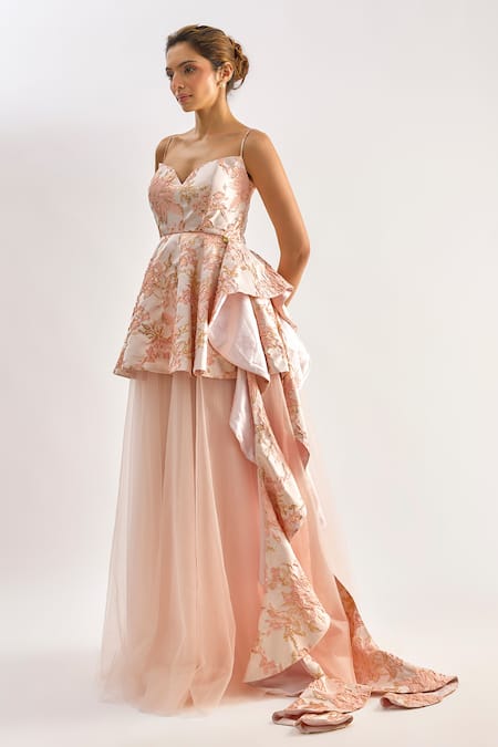 Emblaze_Pink Jacquard, Tulle Embroidery Sweetheart Neck Peplum Gown _at_Aza_Fashions