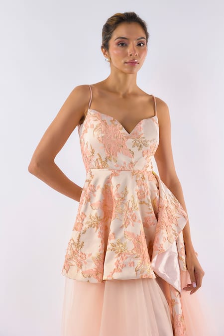 Buy_Emblaze_Pink Jacquard, Tulle Embroidery Sweetheart Neck Peplum Gown 
