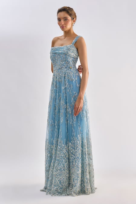 Shop Emblaze Sky Blue Tulle Beads, Sequins Asymmetric, One Shoulder, Embellished Gown Online at Aza Fashions Shop_Emblaze_Sky Blue Tulle Beads, Sequins Asymmetric, One Shoulder, Embellished Gown _Online_at_Aza_Fashions