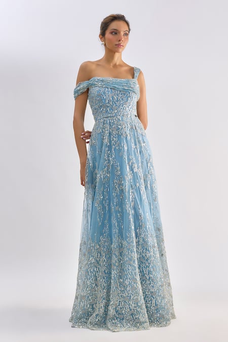 Emblaze Sky Blue Tulle Beads, Sequins Asymmetric, One Shoulder, Embellished Gown at Aza Fashions Emblaze_Sky Blue Tulle Beads, Sequins Asymmetric, One Shoulder, Embellished Gown _at_Aza_Fashions