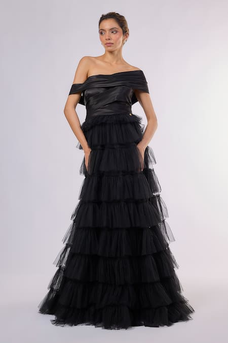 Emblaze Off-Shoulder Tiered Tulle Gown 