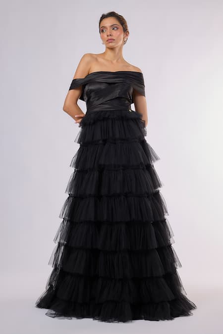 Emblaze_Black Tulle Off-shoulder Tiered Gown _Online_at_Aza_Fashions