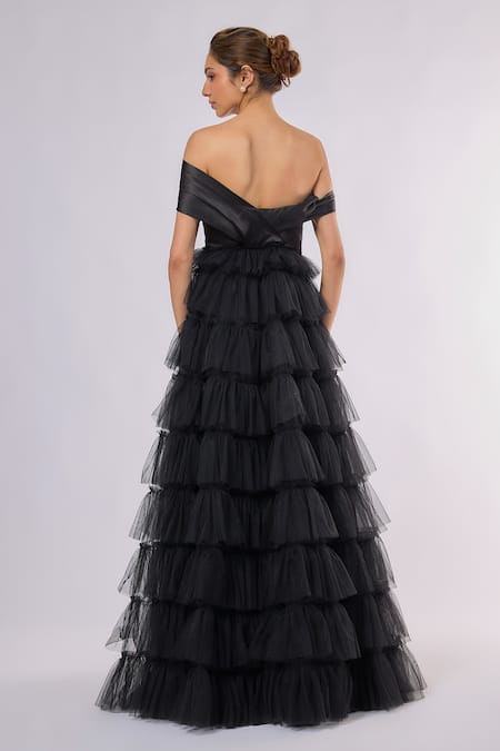 Emblaze Off-Shoulder Tiered Tulle Gown 