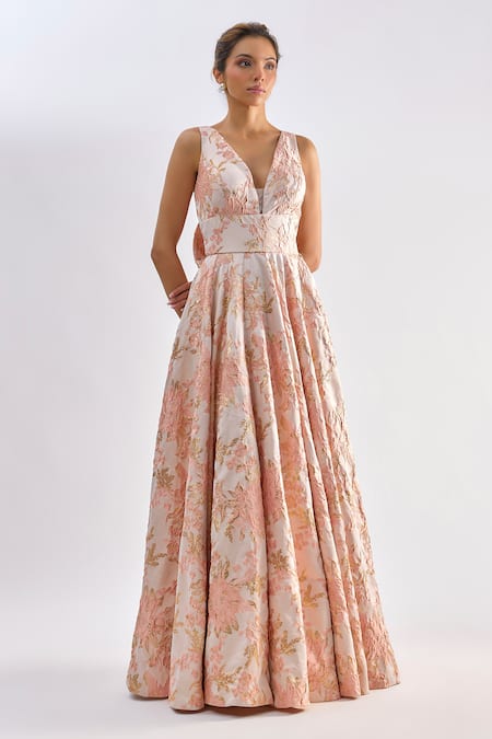 Emblaze_Pink Jacquard V-neck Floral Gown _Online_at_Aza_Fashions