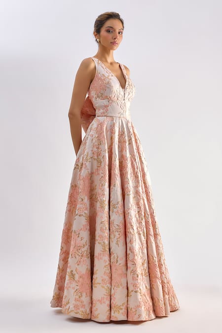 Buy_Emblaze_Pink Jacquard V-neck Floral Gown _Online_at_Aza_Fashions