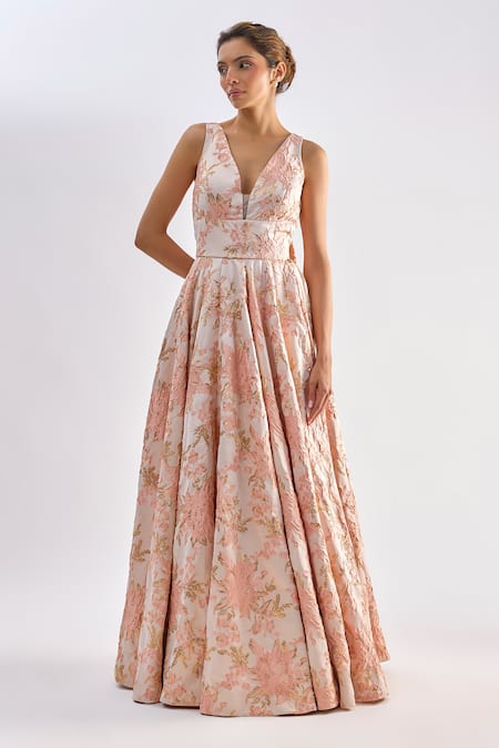 Emblaze Floral Jacquard V-Neck Gown  