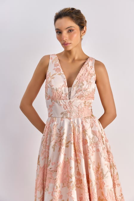 Shop_Emblaze_Pink Jacquard V-neck Floral Gown _Online_at_Aza_Fashions