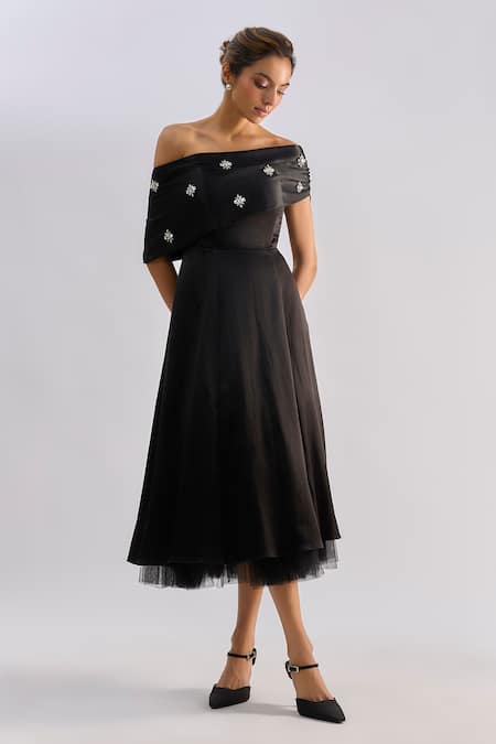 Emblaze Swarovski Embellished Off-Shoulder Midi Dress 