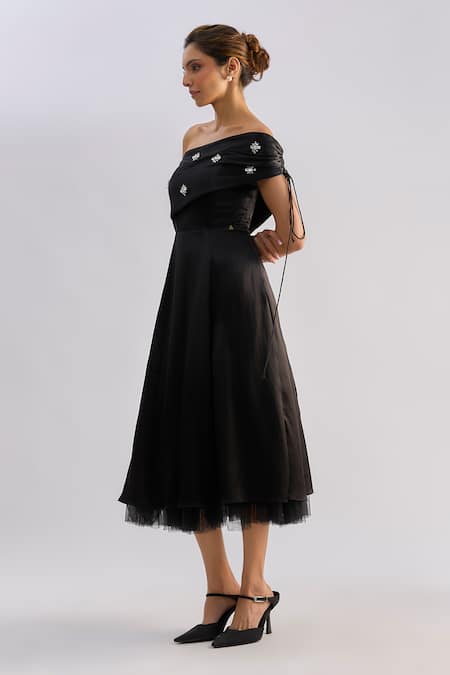 Buy_Emblaze_Black Crystals Off-shoulder Swarovski Embellished Midi Dress _Online_at_Aza_Fashions