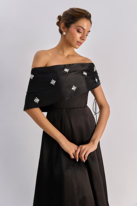 Shop_Emblaze_Black Crystals Off-shoulder Swarovski Embellished Midi Dress _Online_at_Aza_Fashions