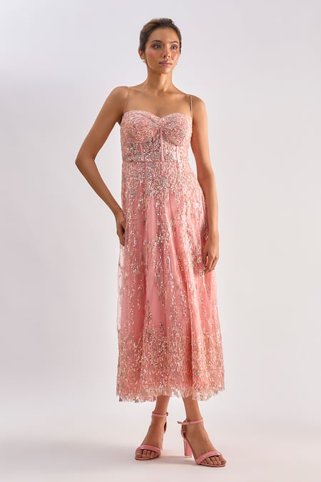 Emblaze_Pink Tulle Beads, Sequins Sweetheart Neck, Embellished Midi Dress And Jacket Set _Online_at_Aza_Fashions