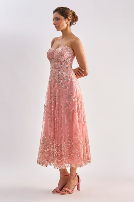 Buy_Emblaze_Pink Tulle Beads, Sequins Sweetheart Neck, Embellished Midi Dress And Jacket Set _Online_at_Aza_Fashions