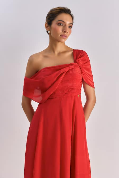 Emblaze_Red Crepe Asymmetric One Shoulder Ruched Maxi Dress  _Online_at_Aza_Fashions