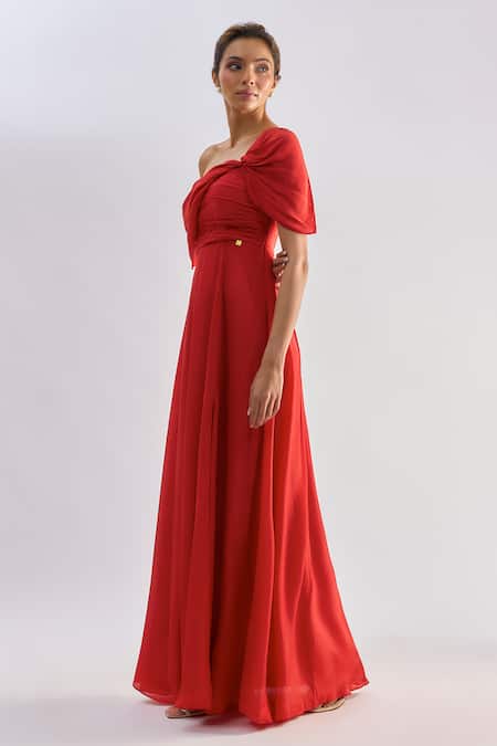 Buy_Emblaze_Red Crepe Asymmetric One Shoulder Ruched Maxi Dress  _Online_at_Aza_Fashions