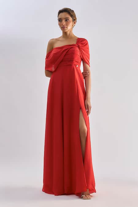 Shop_Emblaze_Red Crepe Asymmetric One Shoulder Ruched Maxi Dress  _Online_at_Aza_Fashions