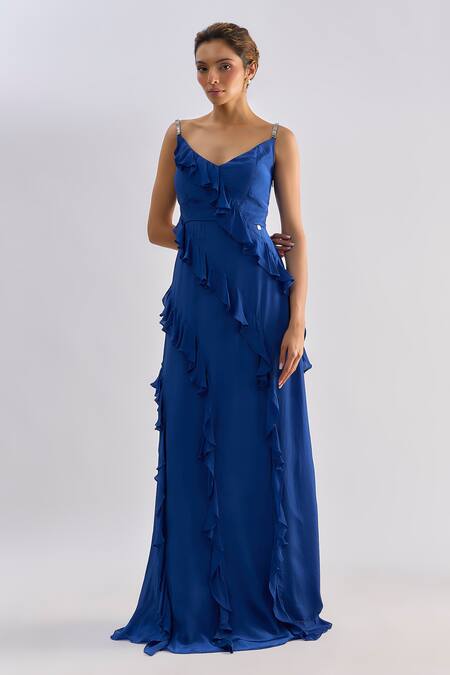 Shop_Emblaze_Blue Crepe Ruffles V-neck Maxi Dress _Online_at_Aza_Fashions