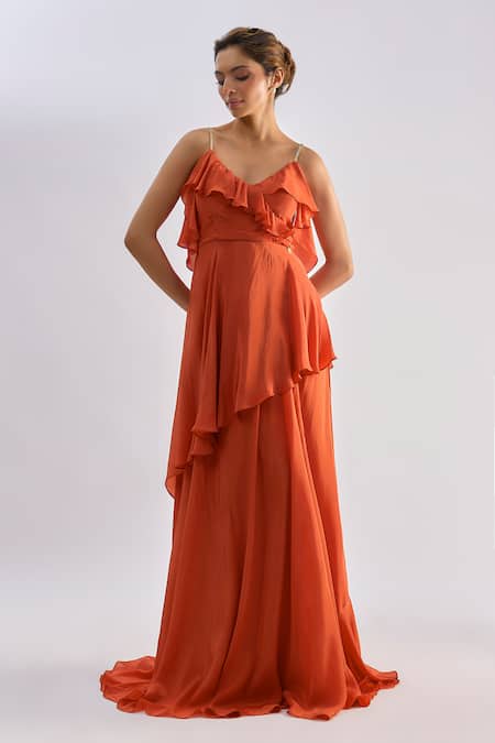 Buy Emblaze Rust Crepe Rhinestones, Crystals V-neck Ruffled Tiered Gown Online at Aza Fashions Buy_Emblaze_Rust Crepe Rhinestones, Crystals V-neck Ruffled Tiered Gown _Online_at_Aza_Fashions