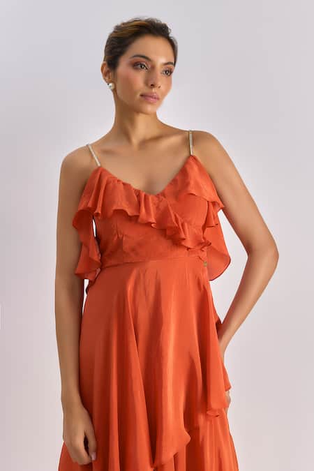 Shop Emblaze Rust Crepe Rhinestones, Crystals V-neck Ruffled Tiered Gown Online at Aza Fashions Shop_Emblaze_Rust Crepe Rhinestones, Crystals V-neck Ruffled Tiered Gown _Online_at_Aza_Fashions