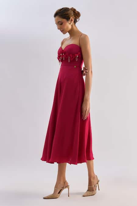 Emblaze_Red Satin Crystals, Fabric Flowers Swarovski Embellished Floral Midi Dress _Online_at_Aza_Fashions