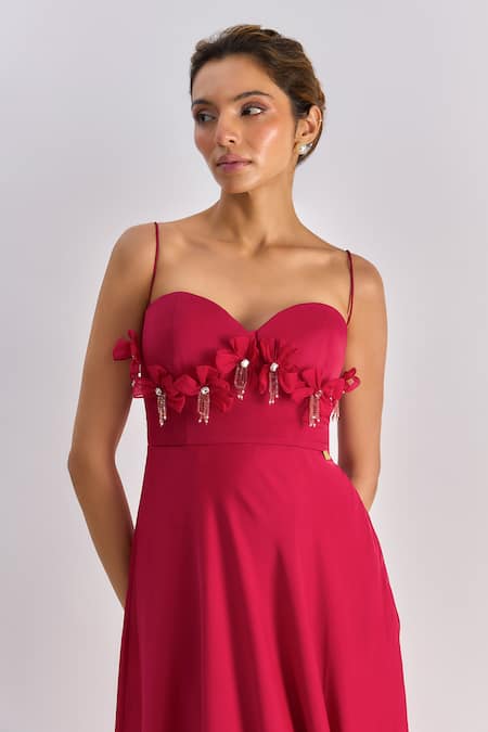 Buy_Emblaze_Red Satin Crystals, Fabric Flowers Swarovski Embellished Floral Midi Dress _Online_at_Aza_Fashions