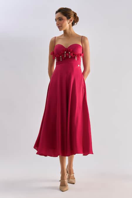 Shop_Emblaze_Red Satin Crystals, Fabric Flowers Swarovski Embellished Floral Midi Dress _Online_at_Aza_Fashions