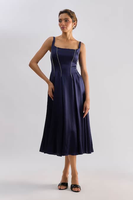 Emblaze_Navy Embroidery Square Neck Midi Dress _at_Aza_Fashions