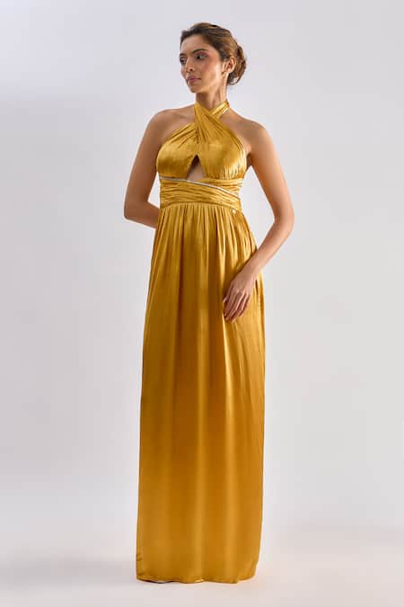Emblaze Gold Modal, Satin Rhinestones Halter Neck Cutout Maxi Dress Online at Aza Fashions Emblaze_Gold Modal, Satin Rhinestones Halter Neck Cutout Maxi Dress _Online_at_Aza_Fashions