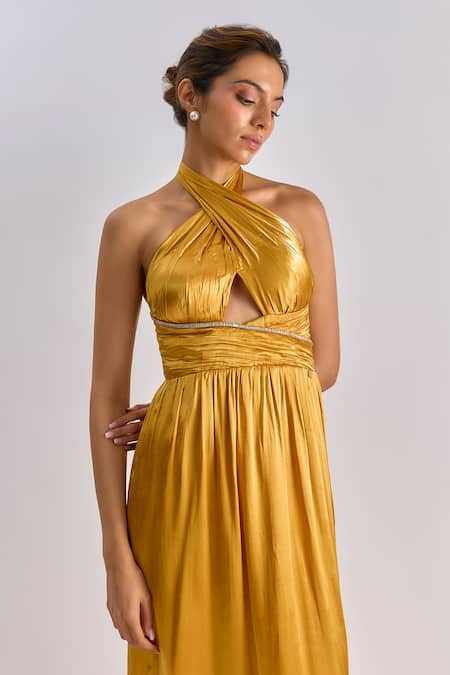 Buy Emblaze Gold Modal, Satin Rhinestones Halter Neck Cutout Maxi Dress Online at Aza Fashions Buy_Emblaze_Gold Modal, Satin Rhinestones Halter Neck Cutout Maxi Dress _Online_at_Aza_Fashions