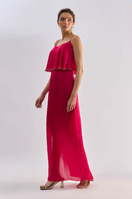 Emblaze_Fuchsia Crepe Beads V-neck Ruffled Overlay Maxi Dress  _Online_at_Aza_Fashions