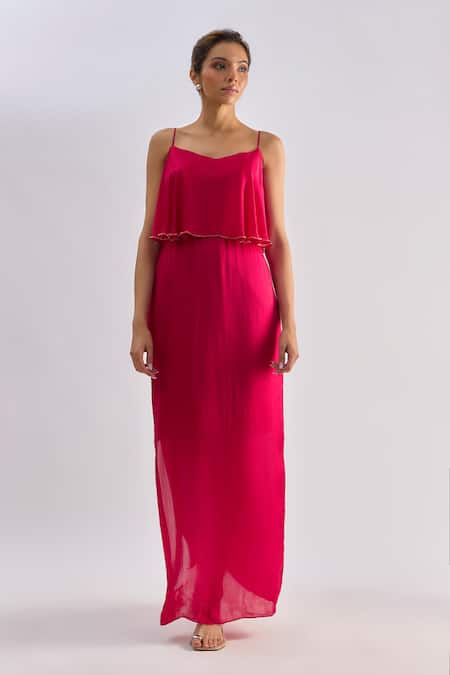 Shop_Emblaze_Fuchsia Crepe Beads V-neck Ruffled Overlay Maxi Dress  _Online_at_Aza_Fashions