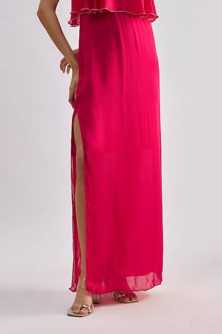 Emblaze_Fuchsia Crepe Beads V-neck Ruffled Overlay Maxi Dress  _at_Aza_Fashions