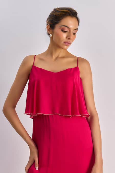 Buy_Emblaze_Fuchsia Crepe Beads V-neck Ruffled Overlay Maxi Dress  