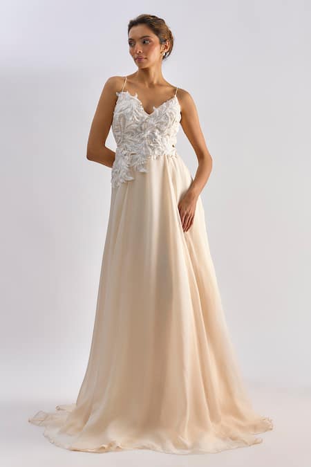 Emblaze_Peach Organza Embroidery, Sequins V-neck Hand Gown _Online_at_Aza_Fashions