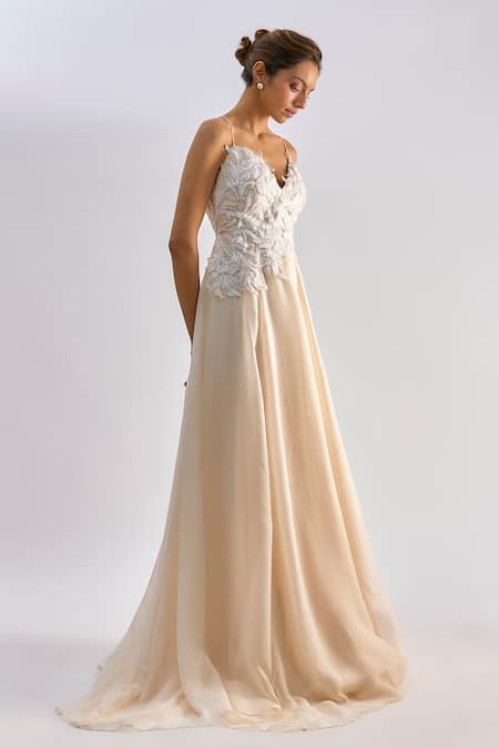 Buy_Emblaze_Peach Organza Embroidery, Sequins V-neck Hand Gown _Online_at_Aza_Fashions
