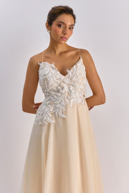 Shop_Emblaze_Peach Organza Embroidery, Sequins V-neck Hand Gown _Online_at_Aza_Fashions