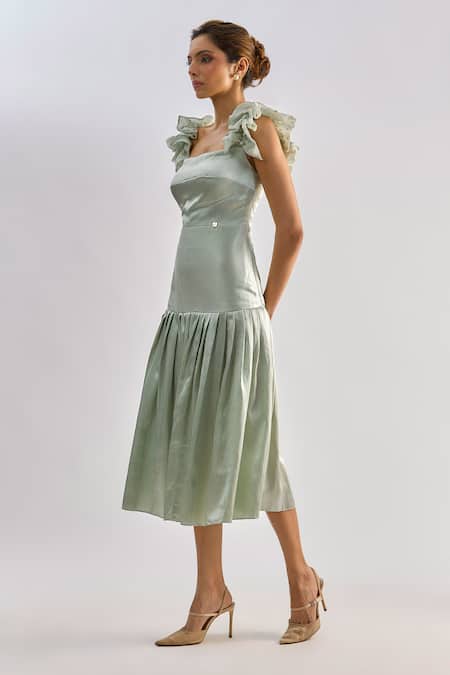 Buy_Emblaze_Green Organza, Shantoon Square Neck Ruffled Shoulder Midi Dress _Online_at_Aza_Fashions